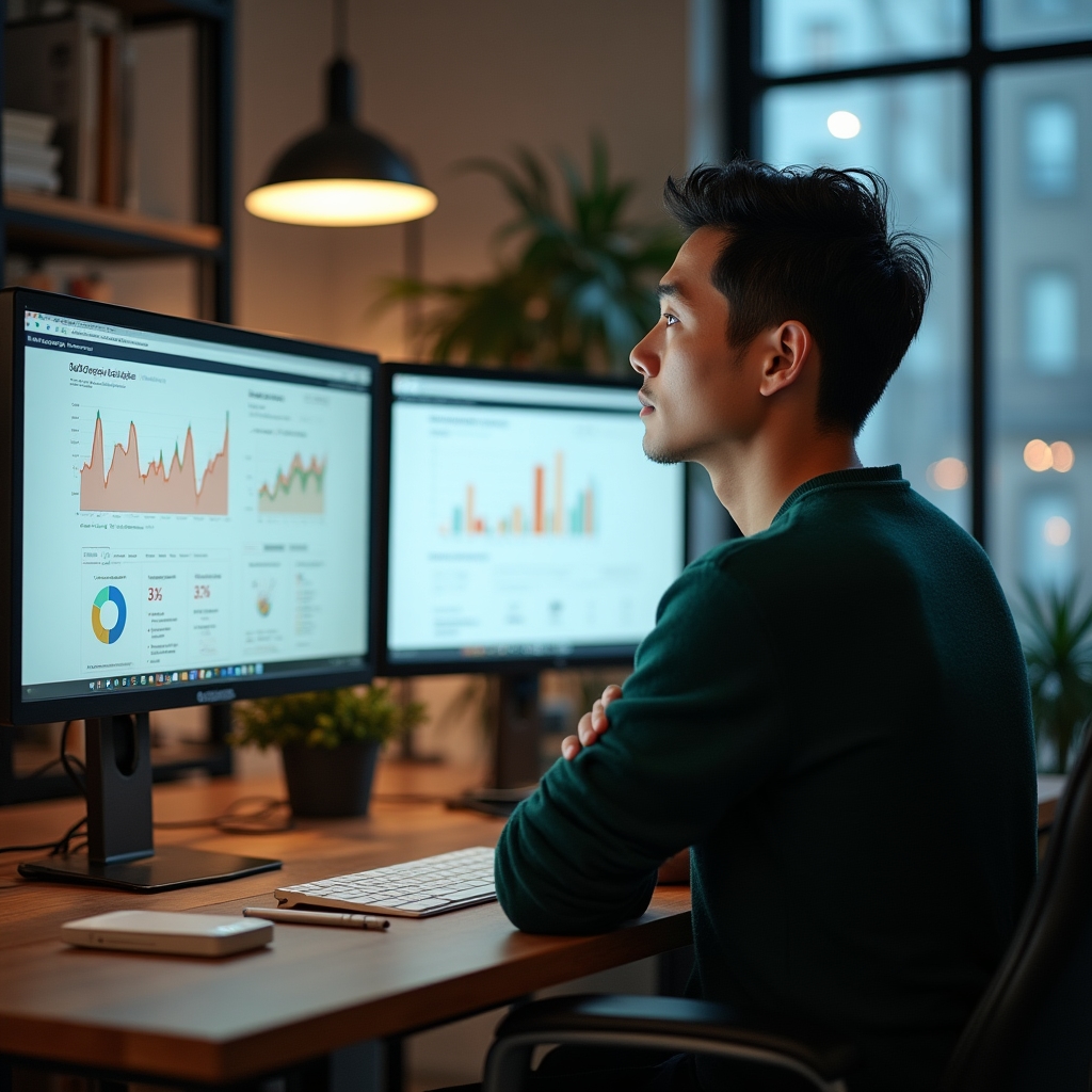 Specjalista SEO analizujący dane na dwóch monitorach w jasnym biurze